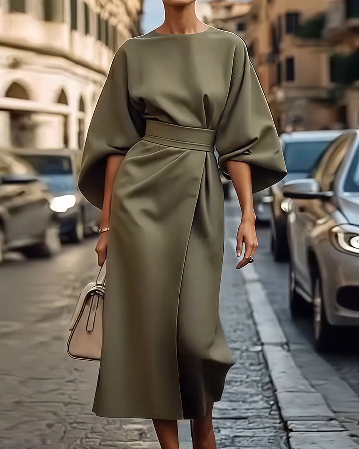 Nada™ obleka z elegantnimi lampas rokavi in pasom